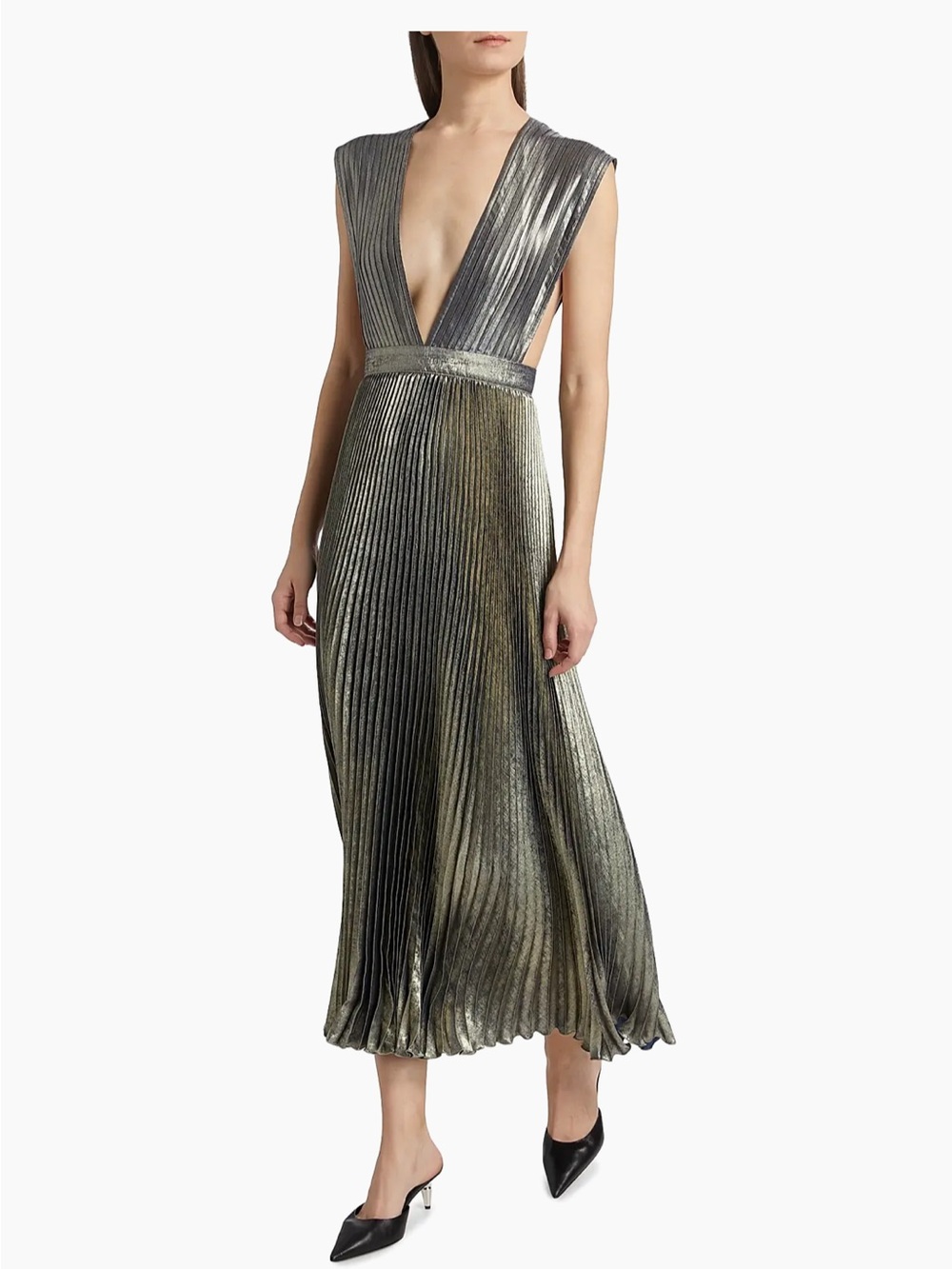 L’Idee La Fête Gala Shimmer Pleated Gown Metallic Onyx Deep V Midi Dress